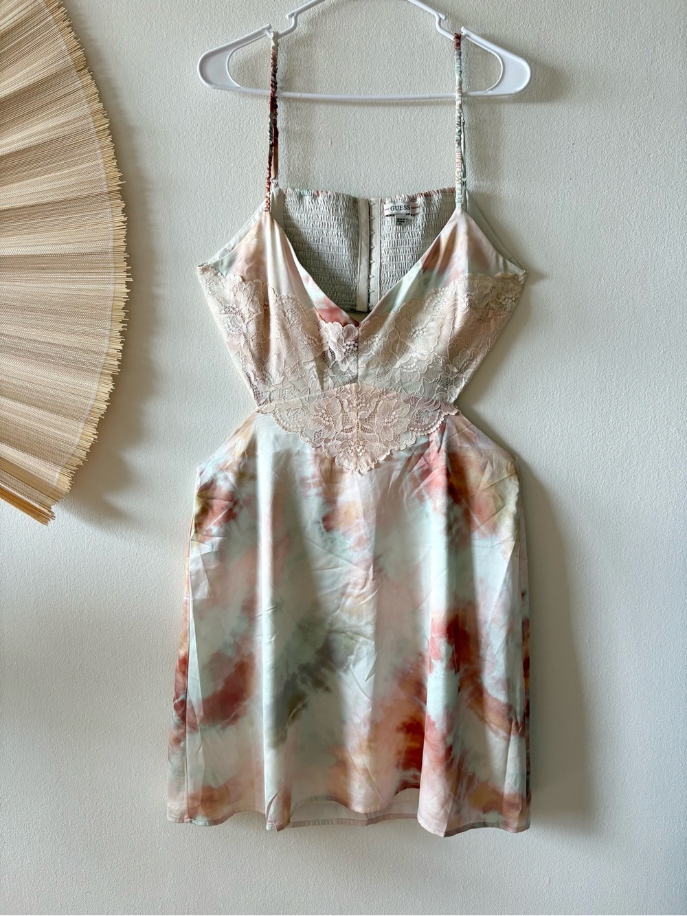 Guess Lace-Trim Satin Slip Dress in Pastel Tie-Dye